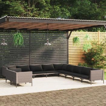 11-Piece Dark Grey Poly Rattan Garden Lounge Set with Cushions