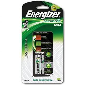 Energizer - Cargador MINI con capacidad de 2 pilas AA, 2000 mAh, con indicador de la carga de la pila, auto-desconexión evitando sobrecarga
