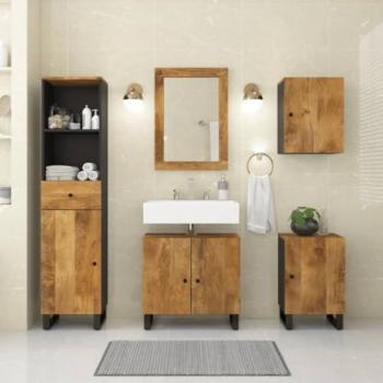 Conjunto de muebles de baño 5 piezas madera maciza de mango, incluye espejo de tocador, mueble de lavabo, armario de baño y espejo