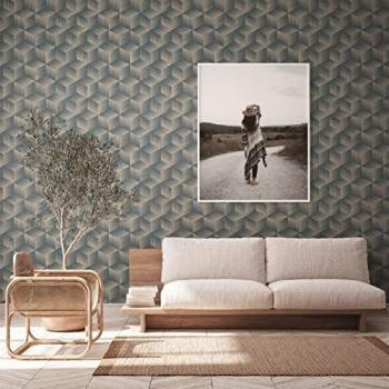 Papel Pintado No Tejido 3D Natural Living - Efecto Ilusión, Beige y Azul, Rollo 10.05 m x 0.53 m