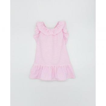 Vestido rayas seersucker rosa y blanco con volante ancho