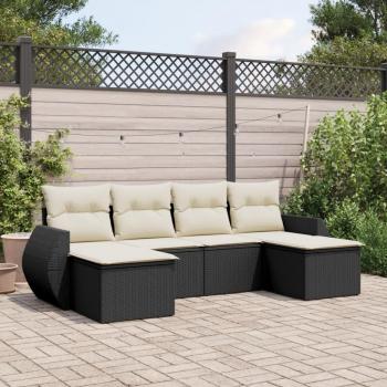6-Piece Black Poly Rattan Garden Sofa Set with Cushions