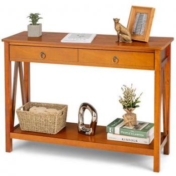 Console Table with Drawer Storage Shelf for Entryway Hallway - Costway Modern 42 in. Walnut 31 in. Rectangle MDF Console Table with Drawer Cherry