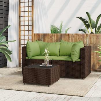 3 Piece Brown Poly Rattan Garden Lounge Set with Cushions