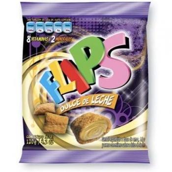 FLIPS DULCE DE LECHE Venezuela. Bolsa 120 gr / 4.2 oz. Cereal a base de arroz, trigo y avena en forma de almohaditas, con delicioso relleno sabor a dulce de leche