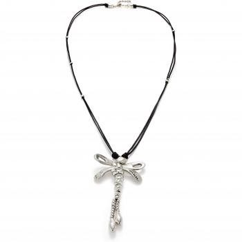 UNO de 50 Long Leather Necklace with Central Dragonfly in Sterling Silver Plating
