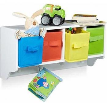 Estantería Infantil Albus, Organizador de Pared con 4 Perchas y 4 Cestas Plegables, Tamaño: 28 x 61 x 16 cm, Color Blanco