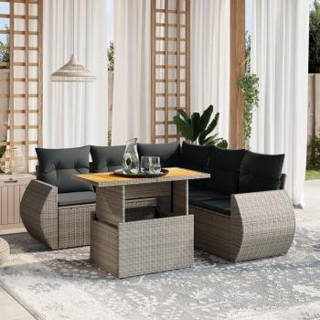 6-Piece Grey Poly Rattan Garden Sofa Set with Cushions