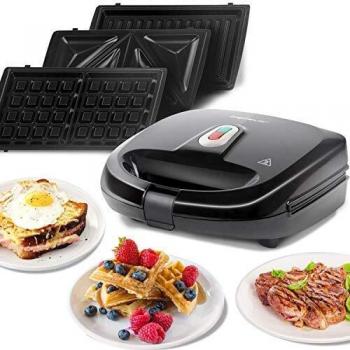 Aigostar Rubik - Sandwichera 3 en 1, 750W : Sandwichera Eléctrica, Grill y Gofrera. 3 Placas Desmontables Antiadherentes e Intercambiables. Indicador Luminoso,Termostato.