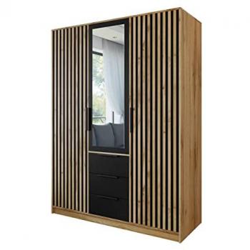 Armario Honolulu D101 con bisagras, negro, 150 x 200 x 58 cm, 5 estantes y espejo