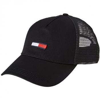 Gorra Unisex Negra Tommy Jeans TJM Flag Trucker Cap con diseño clásico, ajuste OS (One Size), logotipo de la marca en el frente, estilo trucker con paneles de malla traseros para mayor transpirabilidad