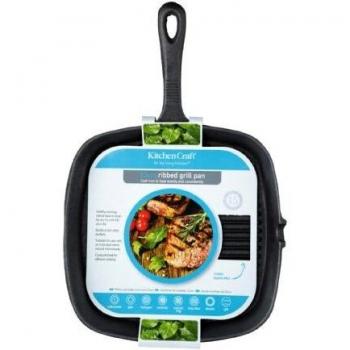 KitchenCraft Sartén Parrilla de Hierro Fundido para Cocinas de Inducción, Grill Plancha con Ranuras, Cuadrada, 23cm - Negro
