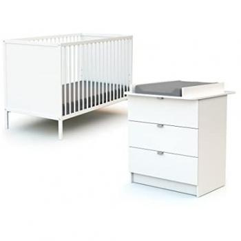 Cama y cambiador para bebé en madera blanca con sommier ajustable a 3 alturas
