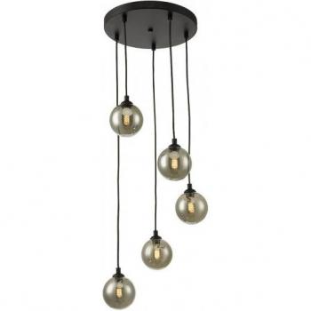 Lámpara colgante Federico de 5 bombillas, negro satinado, cristal ahumado, longitud de 150 cm
