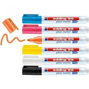 edding 95 marcador para cristal - multicolor - 6 rotuladores borrable para vidrio - punta redondeada 1,5-3 mm - para escribir y marcar en ventanas y pizarras de cristal - borrado en seco