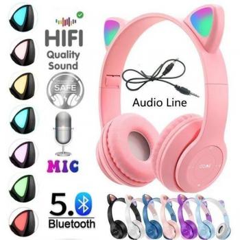 Auriculares Inalámbricos P47M con Orejas de Gato Plegables, Bluetooth, Micrófono y Estéreo para Android e iOS - Negro