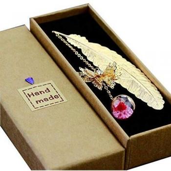 Toirxarn Marcapáginas de plumas de metal, con mariposa 3D y perlas de vidrio Colgante de flor seca eterna. Regalo ideal para lectores, mujeres y niños.