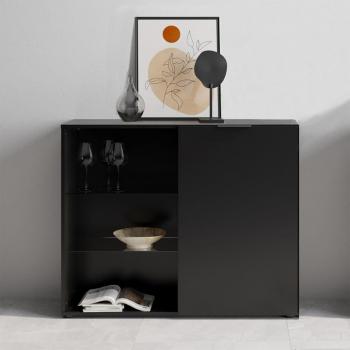 Cómoda FMD negra con 1 puerta y 3 estantes abiertos
