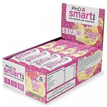 PhD Smart Bar-High Protein Barra de azúcar baja en proteínas, pastel de cumpleaños, 64 g, paquete de 12