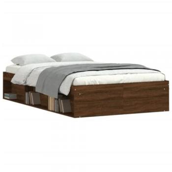 Estructura de cama roble marrón 120x200 cm con somier y almacenaje, armazón marco de cama para invitados, mueble para dormitorio hogar
