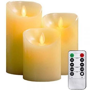 LED Velas sin llama Φ 8CM x H 10cm/12CM/15CM Juego de 3 pilas de cera real no de plástico 10 teclas con 2/4/6/8 horas Función del temporizador 300+ horas-YIWER