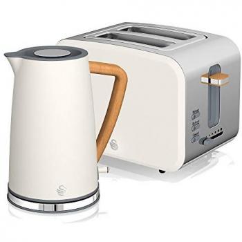 Swan Nordic Set Desayuno: Hervidor de agua inalámbrico 1,7L 2200W, Tostadora de pan ranura ancha para 2 rebanadas, 3 funciones, diseño moderno con efecto madera