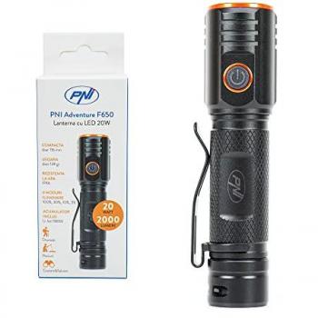 Linterna LED PNI F650, 20W, 2000lm, Aluminio, IPX6, Batería Incluida, Carga USB Tipo C