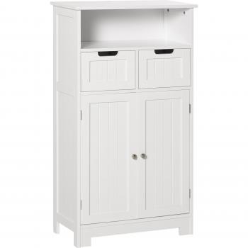 Armario de Baño con 2 Puertas, Estante Ajustable, 2 Cajones y Compartimento Abierto