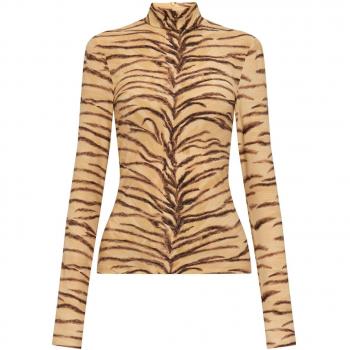 Stella McCartney Women's Tiger Print Nylon Long Sleeve Top in Beige | Size Large | 6J02233SPZ379500