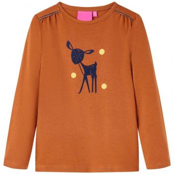 Camiseta para Niños Manga Larga Estampado de Ciervo Color Coñac Talla 116