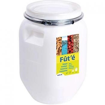 Bidón hermético multiusos de 25 litros, plástico blanco, apto para contacto alimentario, 100% estanco y con cerclaje metálico seguro
