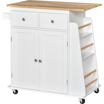 Carro Auxiliar de Cocina Homcom con Ruedas, 2 Cajones, Armario de Almacenaje, Estante Interior Ajustable, 3 Especieros, Barra para Colgar, Blanco/Natural