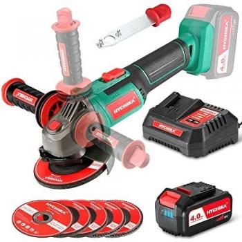 Amoladora Angular 18V, HYCHIKA Radial Angular Inalámbrico, 8500RPM con 4.0Ah Batería, 4*Discos para Lijar y 1*para Cortar, Mango Ajustable, Cargador Rápido, Amoladora Angular a Batería para Multiusar