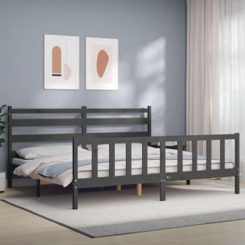 Cama de madera maciza gris 200x200 cm con cabecero
