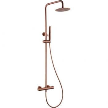 Conjunto ducha termostático Nápoles oro rosa cepillado con alcachofa y flexo, grifería con rociador efecto lluvia, caudal de 12L/min