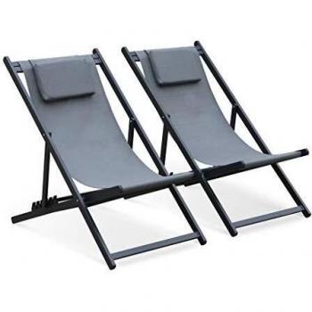 Juego de 2 sillas de sol multiposición - Aluminio y textileno gris con reposacabezas