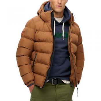 Superdry Men's Hooded Sports Puffer Jacket in Tobacco Brown, Size M