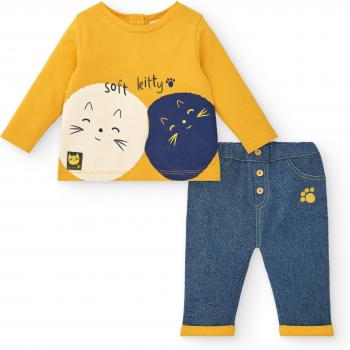 Conjunto de Bebé Niño Tuc Tuc de Camiseta y Pantalón Amarillo y Azul con Estampado de Gatitos