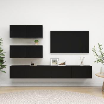 Juego de muebles de salón 4 piezas aglomerado negro para TV, Mueble de salón, Mueble TV, Mesa de TV, Mueble tele