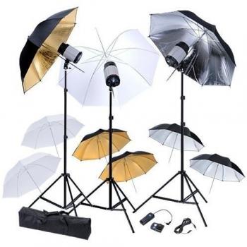 Kit de estudio: 3 Cabezas del flash, 9 Paraguas y 3 Trípodes