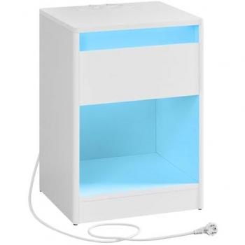 Mesita de Noche con Estación de Carga y Luces LED Ajustables, Cajón, 2 Tomas AC y 2 Puertos USB, Moderna, para Dormitorio y Salón, Blanco Nube y Negro Ceniza