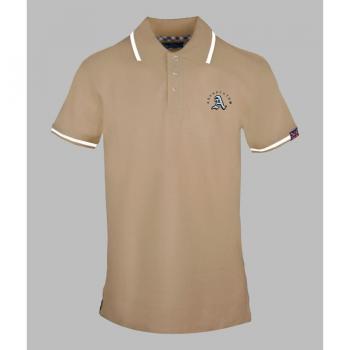 Aquascutum Men's Embossed A Tipped Beige Polo Shirt - Size Small