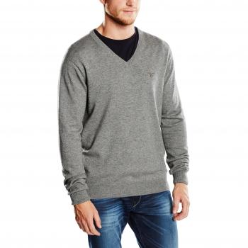 Gant Cotton Wool V-Neck, Jersey para Hombre, Grau