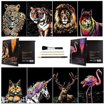 Wbeng Scratch & Sketch Art Paper A4 para niños y Adultos, Rainbow Painting Night View Art & Craft, 8 Hojas de Scratch Cards y Scratch Drawing Pen, Clean Brush