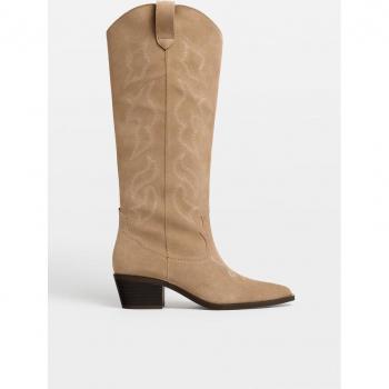 Stradivarius Leather Cowboy Boots Taupe