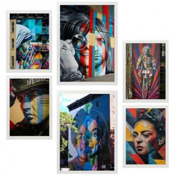 Set de 6 Pósters Graffiti Arte Callejero - Nirvana, Joplin, Frida Kahlo, Elvis Presley - Ilustraciones para Decorar Paredes del Hogar en Tamaños A3 y A4 Sin Marco