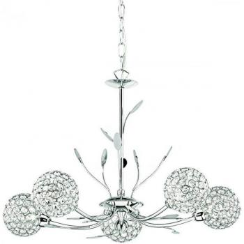 Lámpara colgante Bellis Chrome de 5 bombillas, diseño floral, 91 cm de longitud, con brazos múltiples y detalles en vidrio, tipo de base G9