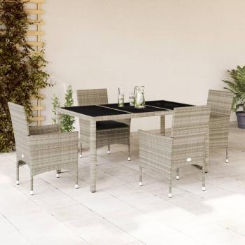 Set de comedor de jardín 5 piezas con cojines de Polyrattan y mesa de vidrio gris claro