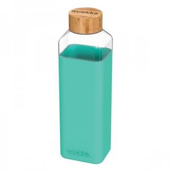 Botella de Agua Cuadrada de Cristal 700 ml con Funda de Silicona Teal y Tapón de Bambú