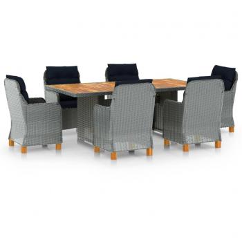 7-Piece Light Grey Poly Rattan Outdoor Dining Set with Cushions